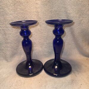 Vtg Cobalt blue with small iridescent shine to the glass. Candle Holders.
